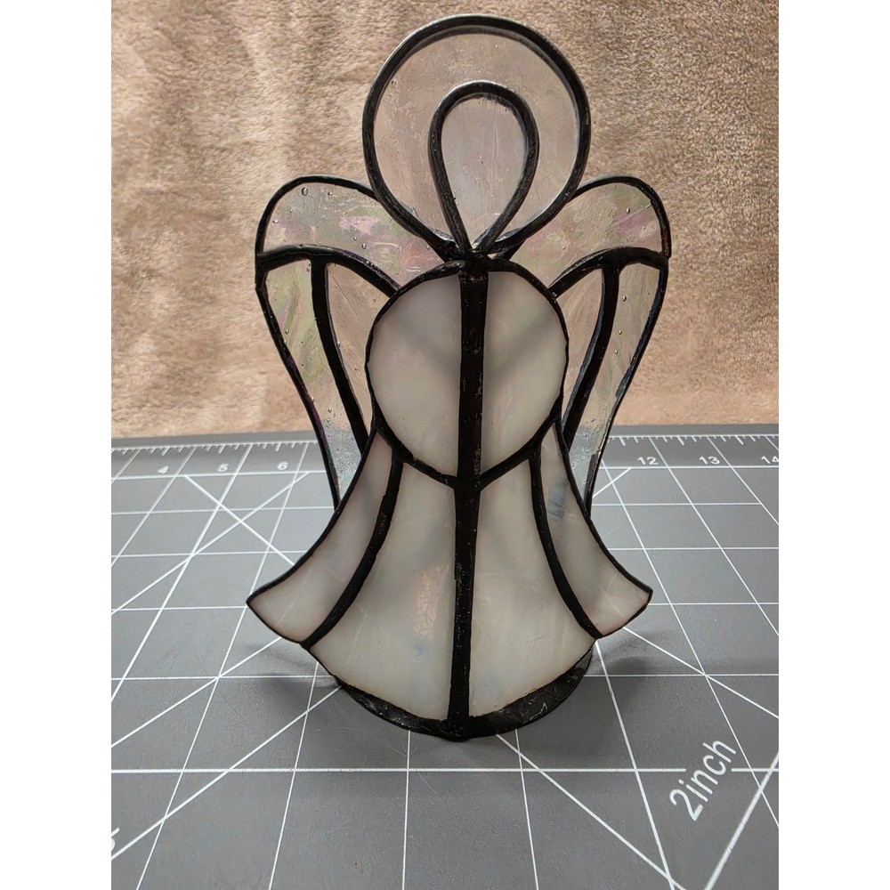 Pier 1 Stained Glass Angel Tea Light Candle Holder Iridescent White 6.5 inch
